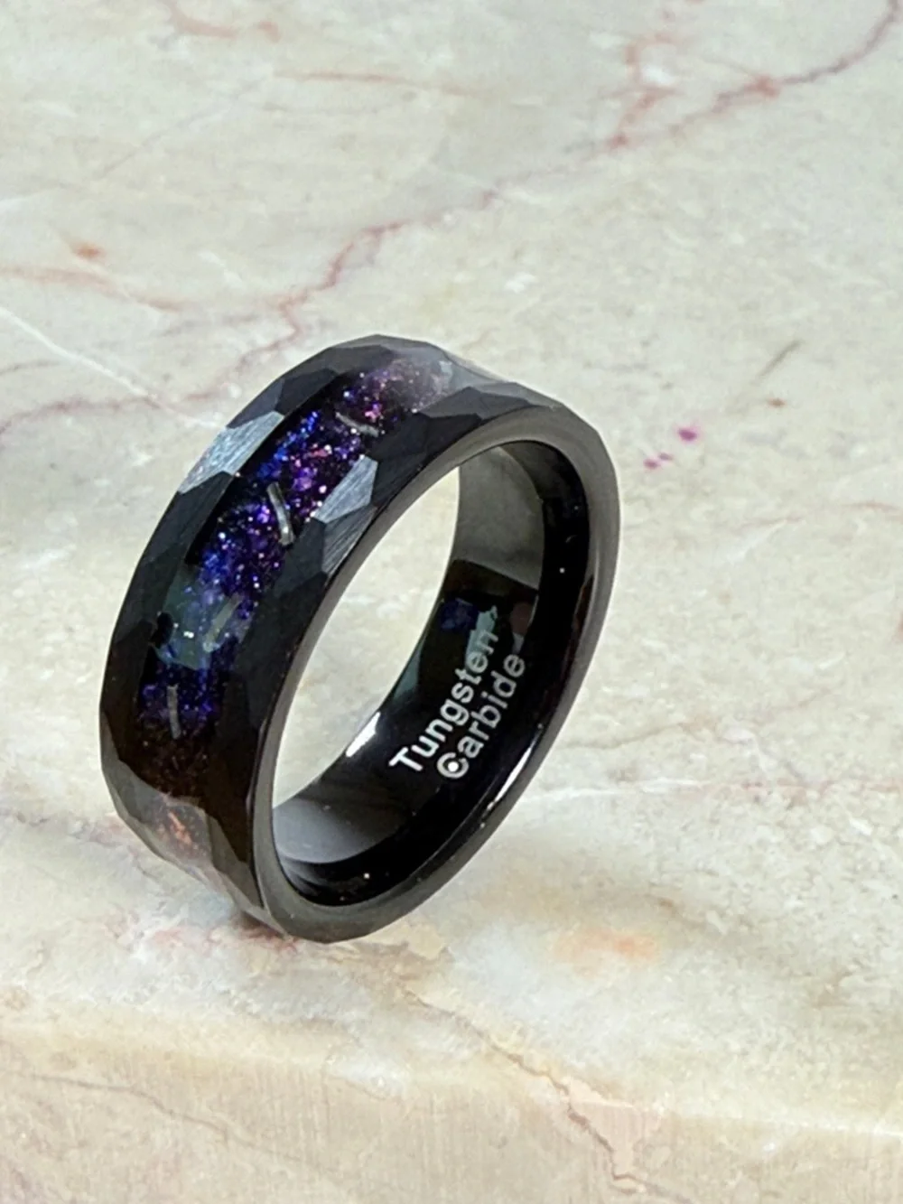 Tungsten Carbide Black Ring with Purple Inlay, Size 10